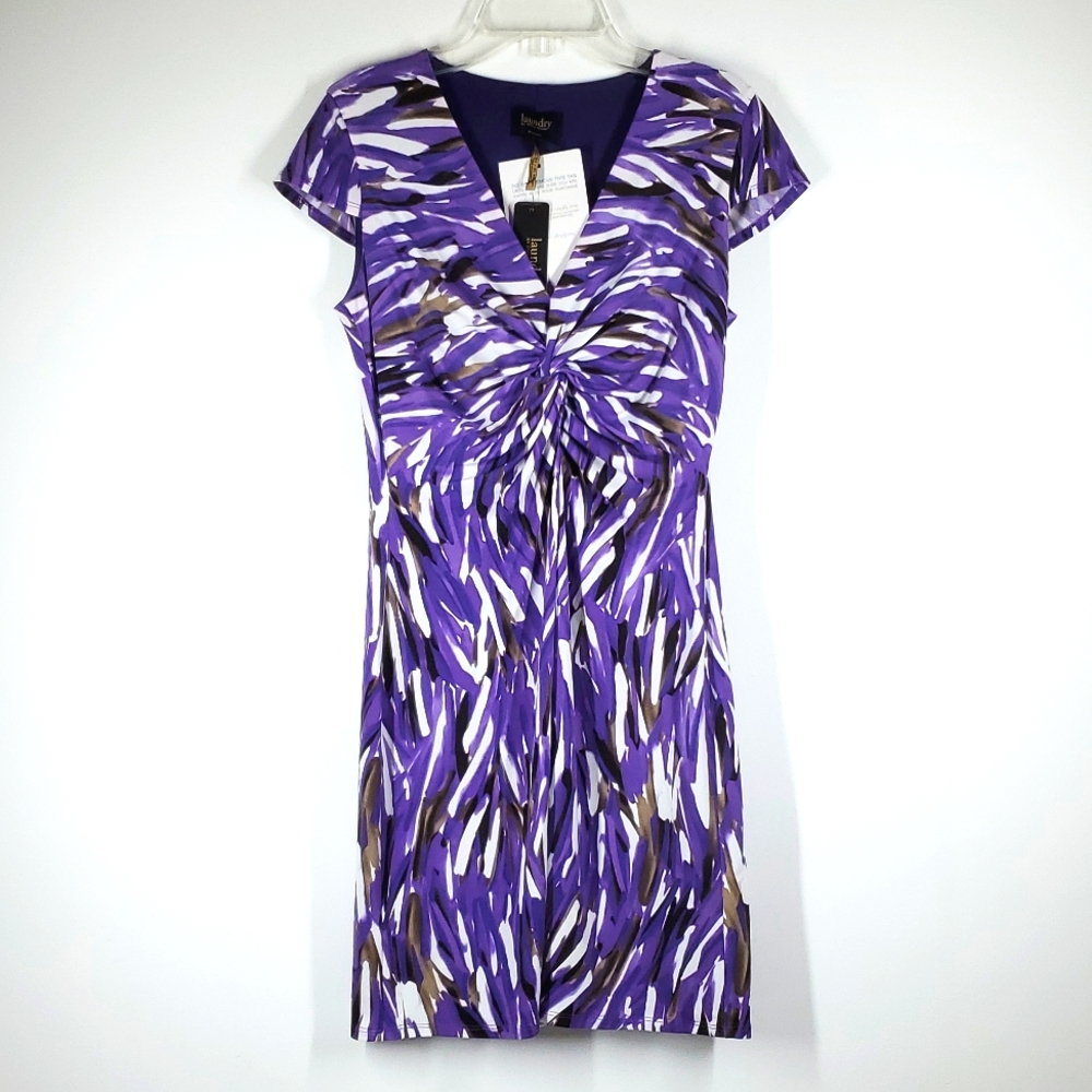 Laundry by Shelli Segal Purple Abstract Ruched V Neck Dress Size 2 NWT